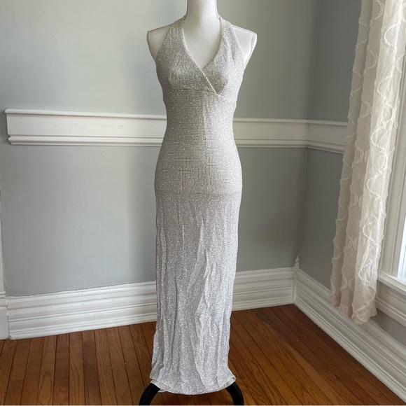 NEW C. T. Elegant white with Silver Glitter Halter Maxi Dress Formal Y2K Era - Picture 1 of 12